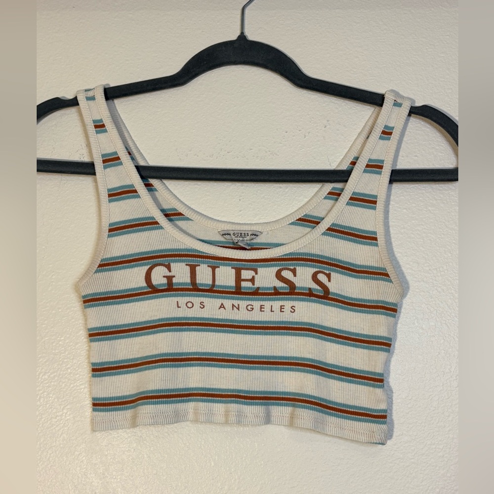 GUESS Los Angeles Striped Tank Top - White and Tan